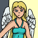 Lara has blond hair and angelic wings.